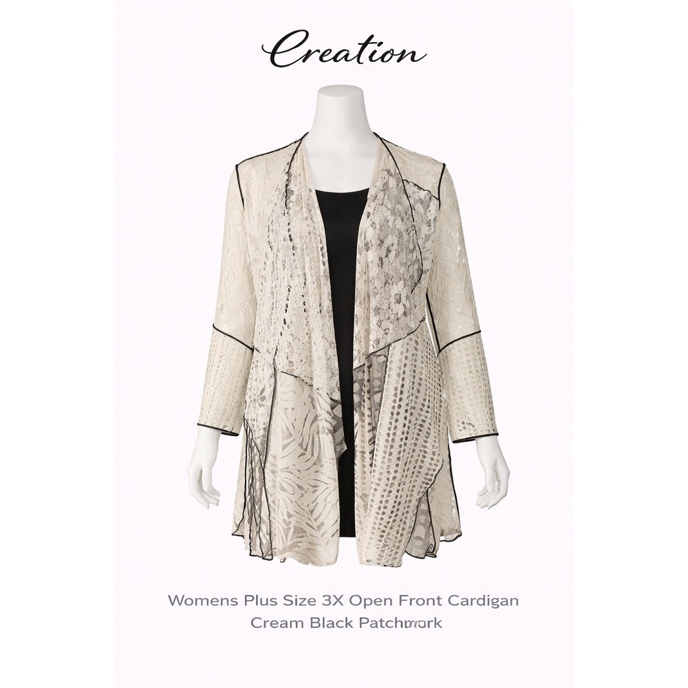 Creation Womens 3X White Mixed Media Lace Burnout Kimono Cardigan Black Contrast